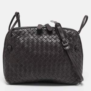 Pre Owned Bottega Veneta Dark Brown Intrecciato Leather Nodini Crossbody Bag