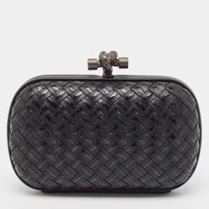 Pre Owned Bottega Veneta Black Intrecciato Leather Knot Clutch