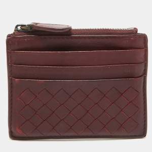 Bottega Veneta Burgundy Intrecciato Leather Zip Card Holder 