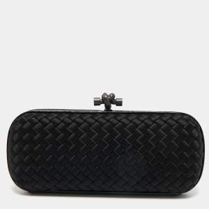 Pre Owned Bottega Veneta Black Intrecciato Satin and Watersnake Leather Knot Long Clutch