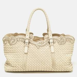 Pre Owned Bottega Veneta Off White Intrecciato Leather Embroidered Trim Tote