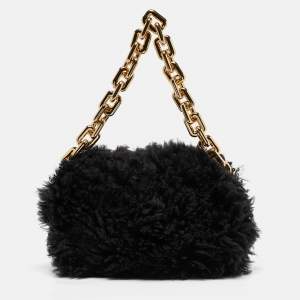 Bottega Veneta Black Shearling Fur Classic The Pouch Chain Clutch