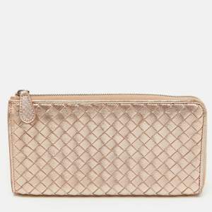 Pre Owned Bottega Veneta Metallic Intrecciato Leather Zip Around Wallet