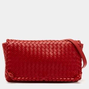 Pre Owned Bottega Veneta Red Intrecciato Leather Flap Crossbody Bag