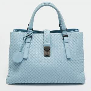 Pre Owned Bottega Veneta Light Blue Intrecciato Leather Medium Roma Tote