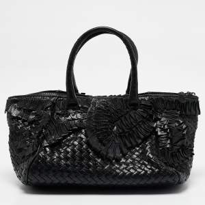 Pre Owned Bottega Veneta Black Intrecciato Lizard Ruffled Satchel