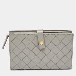 Pre Owned Bottega Veneta Grey Intrecciato Leather French Wallet
