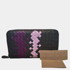 Bottega Veneta Woven Grey And Purple Leather Zip Wallet