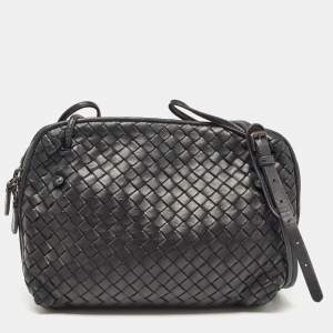 Pre Owned Bottega Veneta Black Intrecciato Leather Nodini Double Zip Crossbody Bag