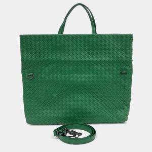Pre Owned Bottega Veneta Green Leather Mesh Tote And Shoulder Bag