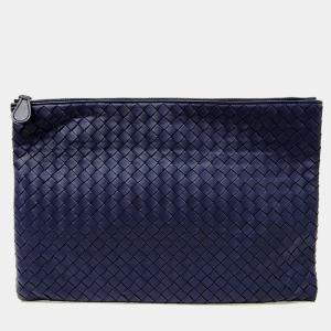 Bottega Veneta Navy Blue Leather Mesh Clutch
