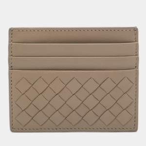 Pre Owned Bottega Veneta Beige Intrecciato Leather Card Holder