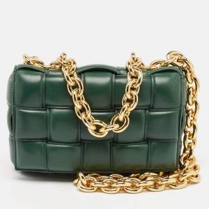 Bottega Veneta Green Leather Padded Chain Cassette Top Handle Bag