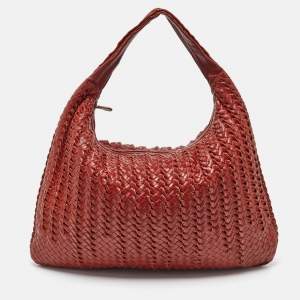 Pre Owned Bottega Veneta Dark Red Twist Intrecciato Leather Large Veneta Hobo