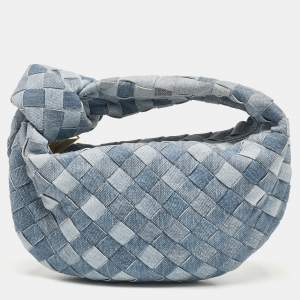 Pre Owned Bottega Veneta Blue Denim Effect Intrecciato Leather Mini Jodie Hobo