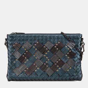 Bottega Veneta Blue Nappa Intrecciato Studded Biletto Chain Crossbody