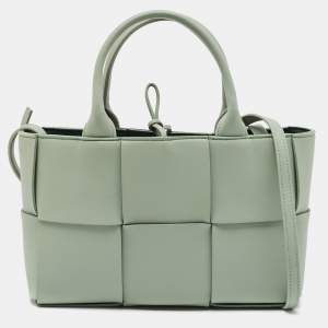 Pre Owned Bottega Veneta Light Green Intrecciato Leather Mini Arco Tote