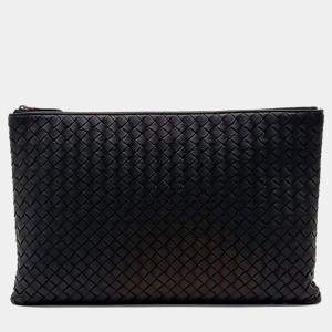 Bottega Veneta Black Leather Intrecciato Pouch Bag