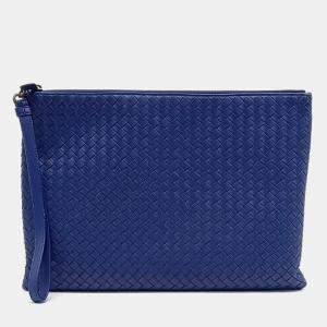 Bottega Veneta Blue Leather Intrecciato Pouch Bag