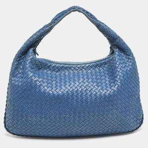 Pre Owned Bottega Veneta Blue Intrecciato Leather Large Veneta Hobo