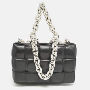 Bottega Veneta Black Intreccio Leather Padded Cassette Flap Shoulder Bag