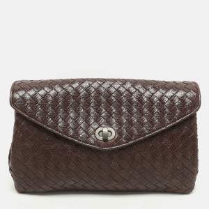 Bottega Veneta Brown Intrecciato Karung Leather Clutch