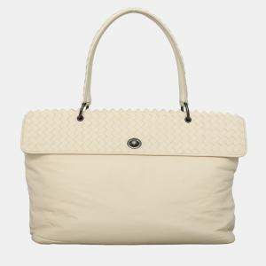 Bottega Veneta Off-White Leather Intrecciato-Trim Top Handle Bag