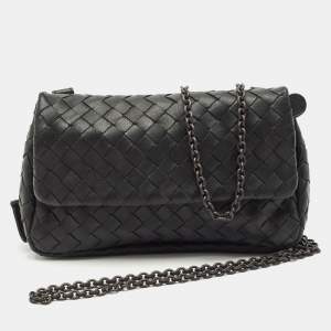 Bottega Veneta Black Intrecciato Leather Mini Flap Chain Crossbody Bag