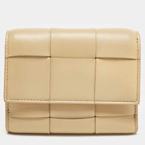 Bottega Veneta Beige Leather Intrecciato Cassette Zip Trifold Wallet