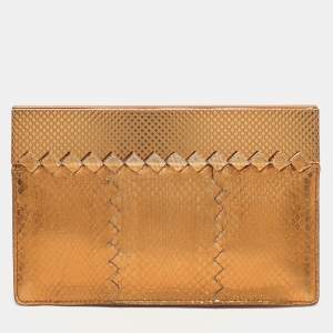 Bottega Veneta Gold Metalic Leather Frame Clutch