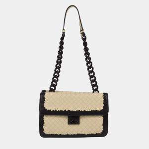 Bottega Veneta White Black Intrecciato Chain Shoulder Bag