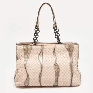 Bottega Veneta Salmon/Beige Intrecciato Leather and Snakeskin Frame Tote
