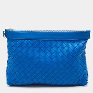 Bottega Veneta Blue Intrecciato Leather Top Zip Pouch