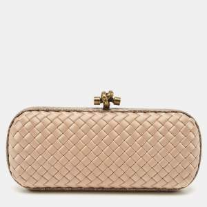 Bottega Veneta Beige Intrecciato Satin and Water Snakeskin Trim Knot Clutch