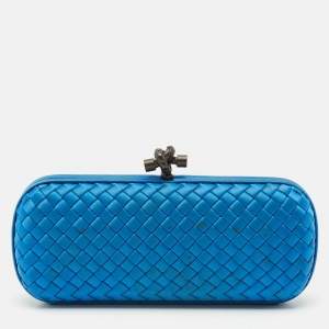 Bottega Veneta Blue Intrecciato Satin Stretch Knot Clutch