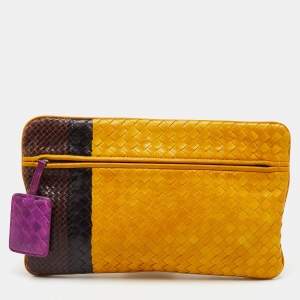 Bottega Veneta Yellow/Dark Brown Intrecciato Zip Pouch Clutch