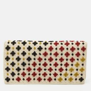 Bottega Veneta Off White Intrecciato Leather Mosaic Stitch Flap Clutch