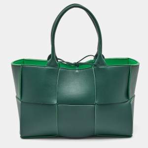 Pre Owned Bottega Veneta Dark Green Intreccio Leather Small Arco Tote