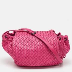 Bottega Veneta Pink Intrecciato Leather Flap Drawstring Crossbody Bag