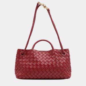 Bottega Veneta Red Lambskin Intrecciato East West Andiamo Top Handle Bag