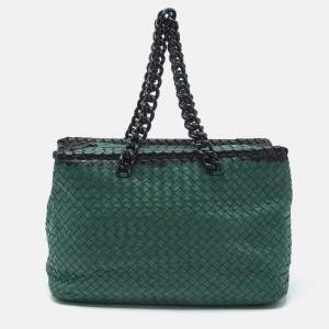 Bottega Veneta Green/Black Intrecciato Leather and  Karung Chain Tote