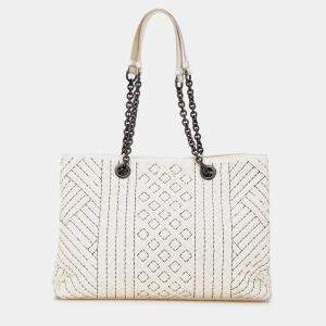Bottega Veneta Double Chain Tote Medium White Intrecciato Stitched Leather Bag