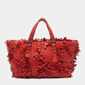 Pre Owned Bottega Veneta Red Intrecciato Leather Fringe Lido Tote