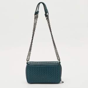 Pre Owned Bottega Veneta Teal Blue Intrecciato Leather Small Double Zip Shoulder Bag