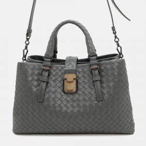Pre Owned Bottega Veneta Intrecciato Roma Gray Leather Small 2Way Handbag 