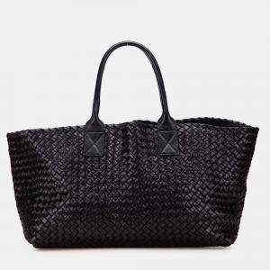 Pre Owned Bottega Veneta Black Medium Lambskin Intreccio Cabat Tote