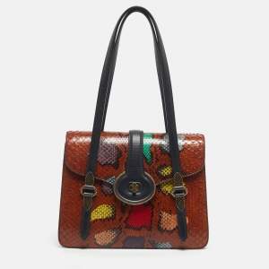 Pre Owned Bottega Venetta Brown Snakeskin and Leather Mezzaluna Bag