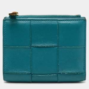 Pre Owned Bottega Veneta Blue Intrecciato Leather Cassette Bi-fold Zip Wallet