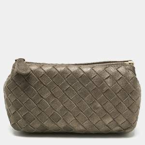 Pre Owned Bottega Veneta Gold/Brown Intrecciato Suede Pouch