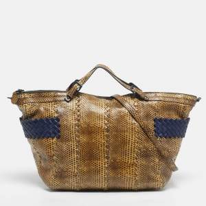 Pre Owned Bottega Veneta Cream/Blue Snakeskin Top Handle Bag